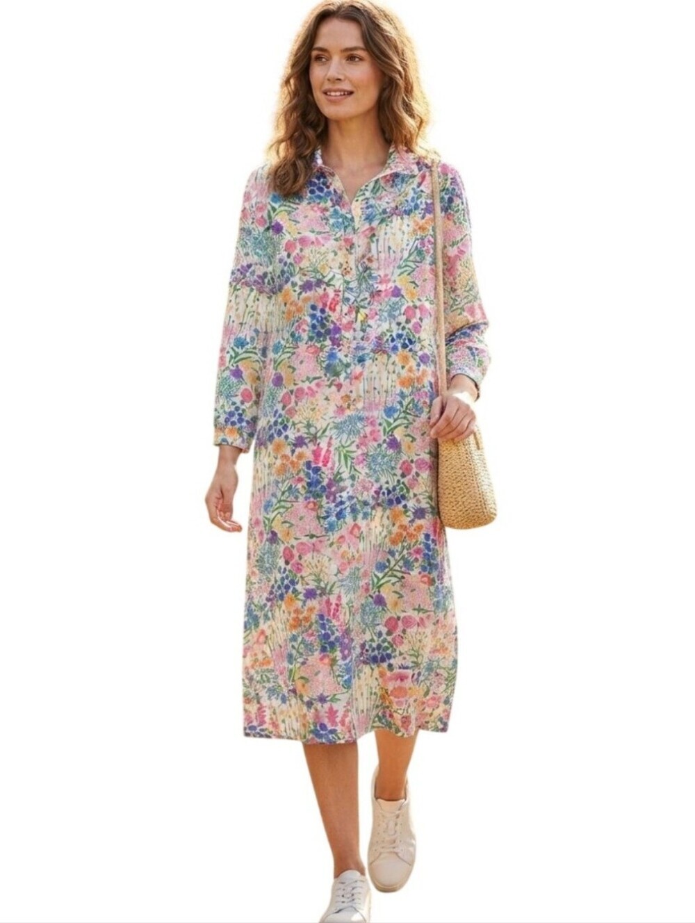 Vintage 80s Margaret Smith Cotton Blend Floral Long Sleeve Shirt Dress Size M